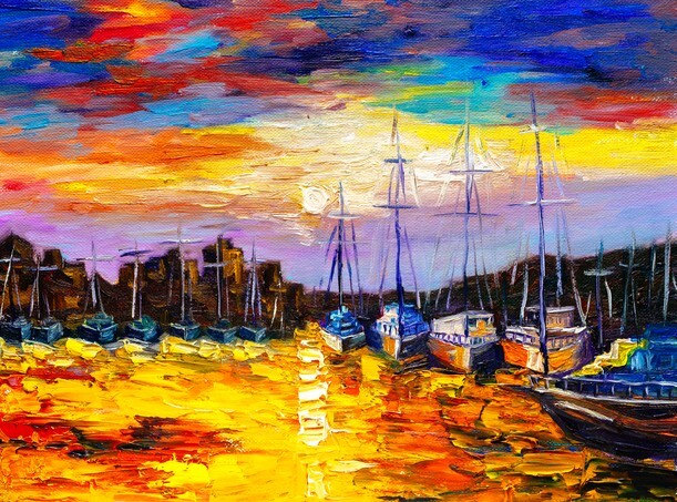 Oil Painting - Fishing Village at Sunset